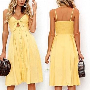 Yellow Twist Front Button-Skirt Sleeveless Dress